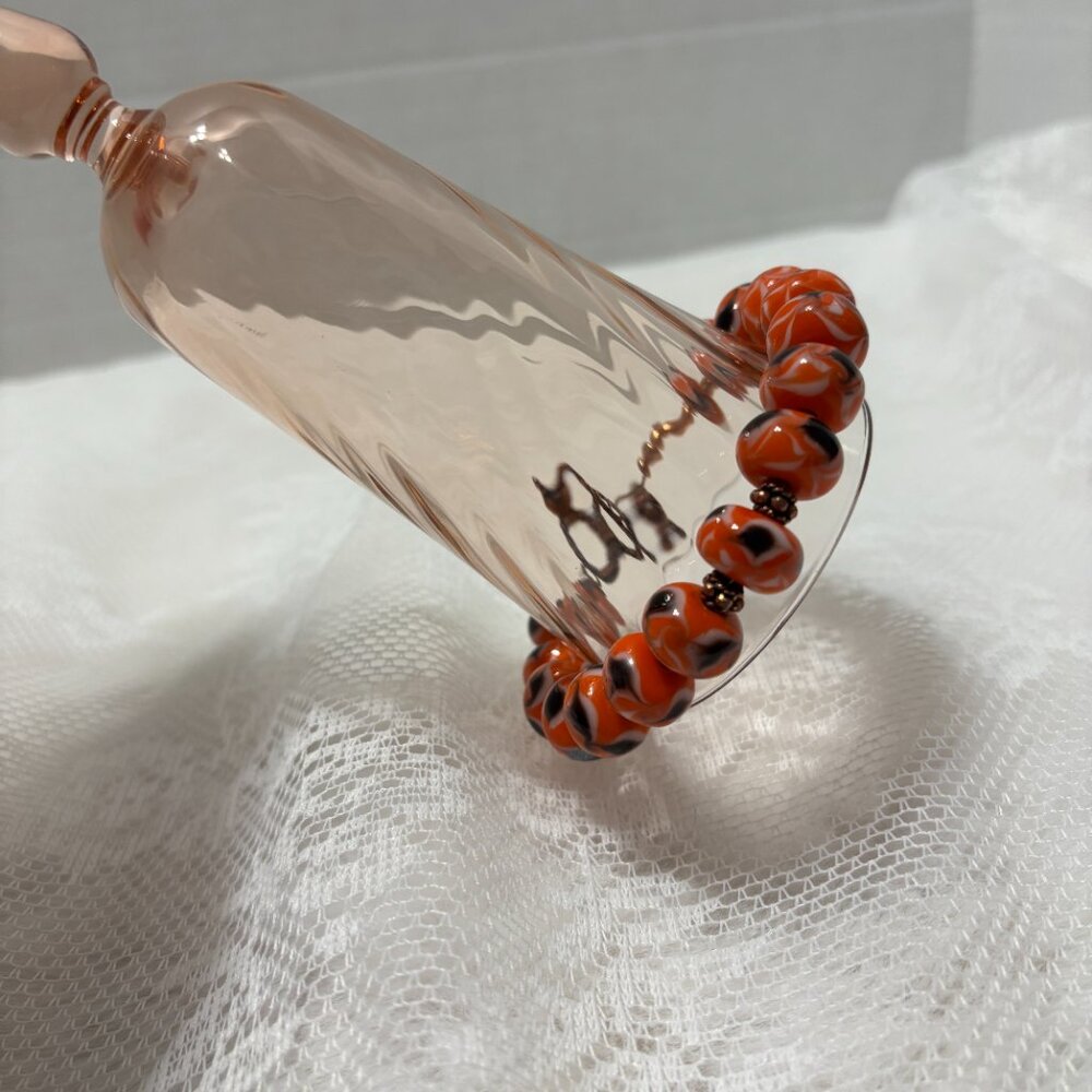 Handmade Orange Swirl Glass Bead‎ Bracelet 8.5" Fits 7" Copper Toggle Clasp